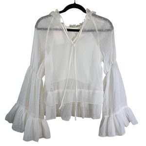 Endless Rose White Swiss Dot Ruffle Bell Sleeve Blouse Top White XS
